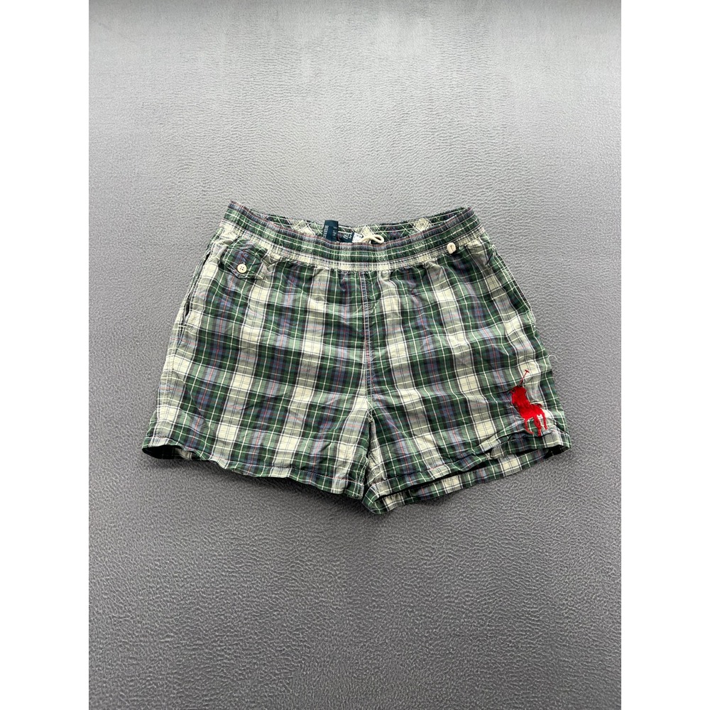 Polo Ralph Lauren Swim Trunks Mens L Green Plaid Large Red Pony Logo Mesh Lined
